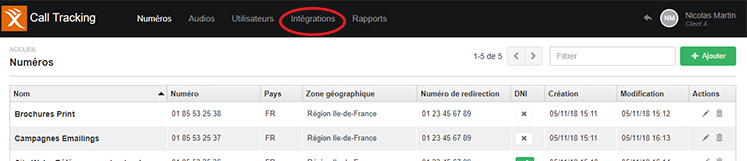 Call Tracking -Onglet Intégrations