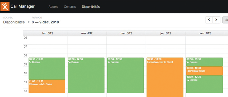 call manager calendrier disponibilités agent