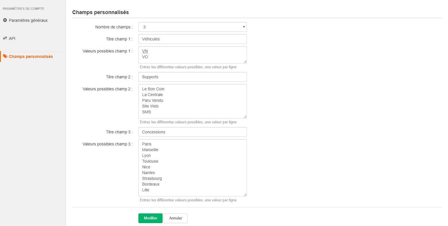 configurer champs personnalisés Dexem Call Tracking